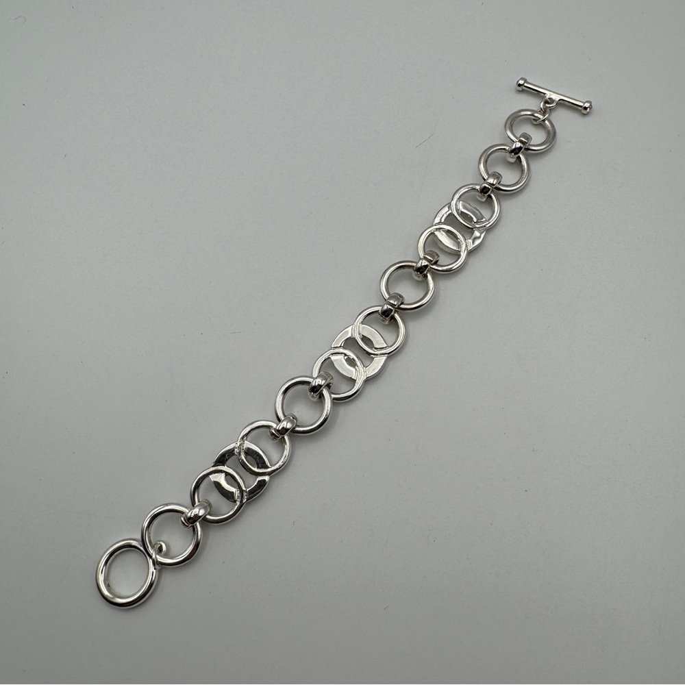 Silver Toggle Bracelet 6.75” Circle Links with Rhinestones - Picture 3 of 5